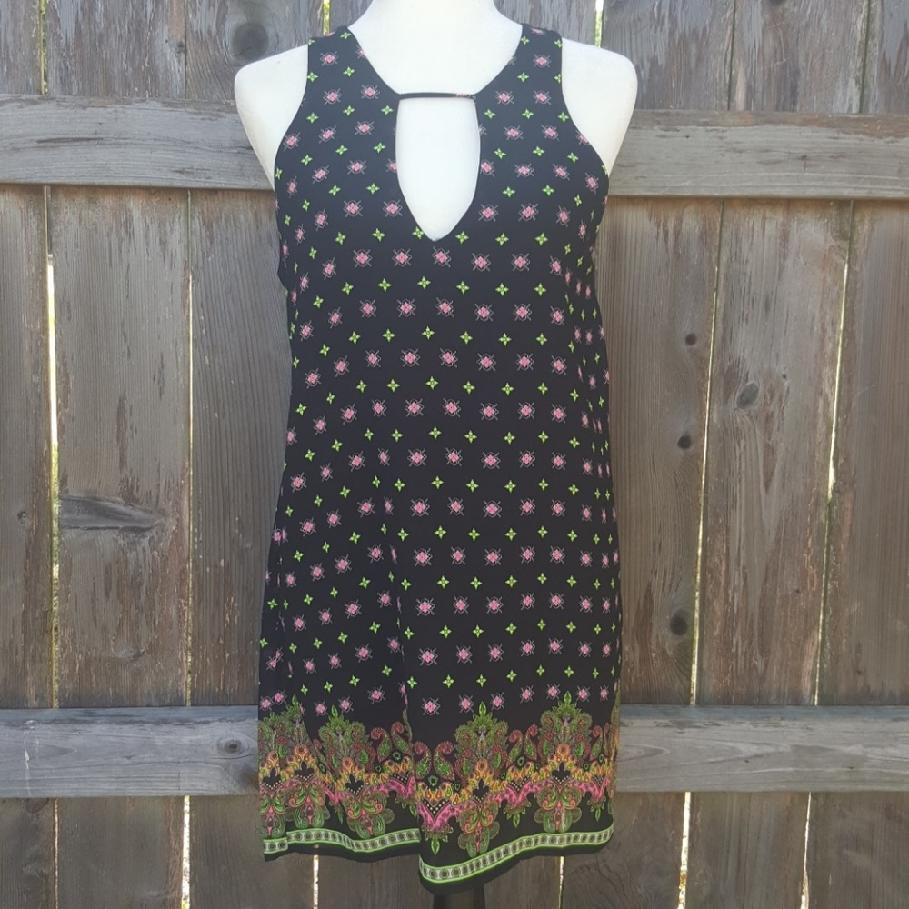 2 Hearts Black Pink Green Flowy Dress Size S
